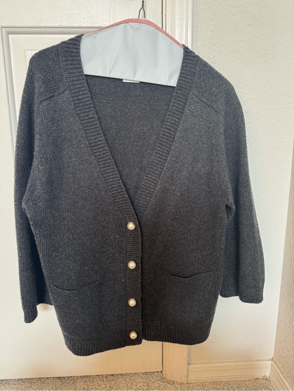 CAbi Dark Charcoal Pearl-Button V-Neck Cardigan